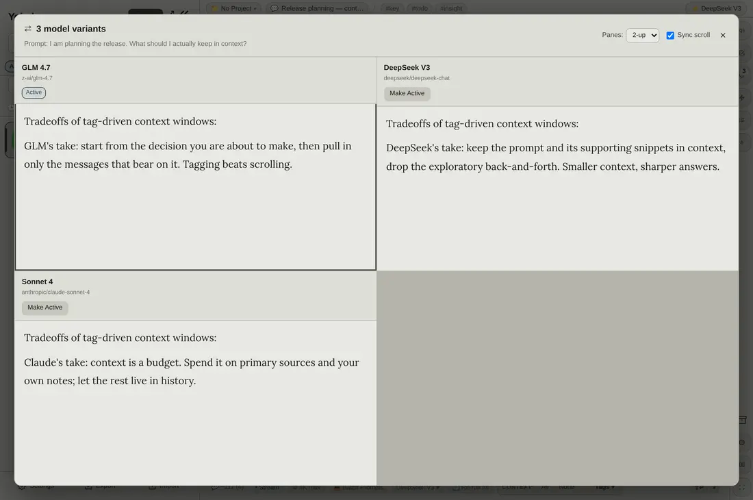 Comparing model answers with the same context